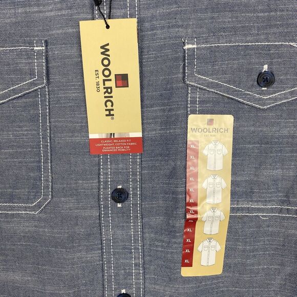 NEW Woolrich Size XL Mens Button Up Chambray Shirt Short Sleeve Blue Pockets - Picture 5 of 9